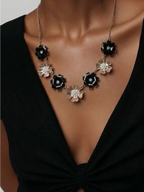 Gold Floral Necklace with Black Crystal Flowers and earrings set.